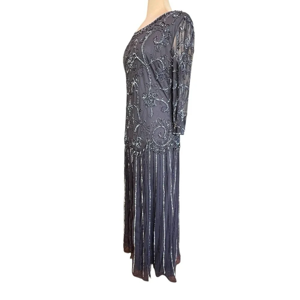 Pisarro Nights Heavily Beaded Mesh Maxi Dress SZ 14 Gatsby Formal Evening Gown